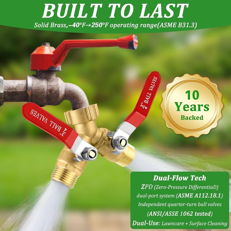 windblowgrass Garden Hose Splitter 2 Way Heavy Duty, Brass Water Hose Splitter with Stainless Steel Long Handle, 3/4 Inch GHT Thread Hose Y Splitter with Shutoff, Faucet Splitter 2 Way with 2 Extra Washers & 1Tape - Image 4